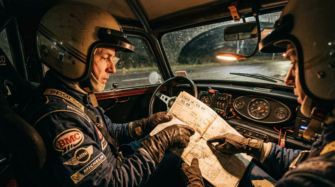 Pilote et copilote préparant leur parcours dans le cockpit d'une voiture de rallye classique.