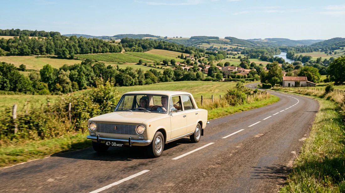 Lada VAZ-2101 beige classique en conduite sur une route de campagne ensoleillée