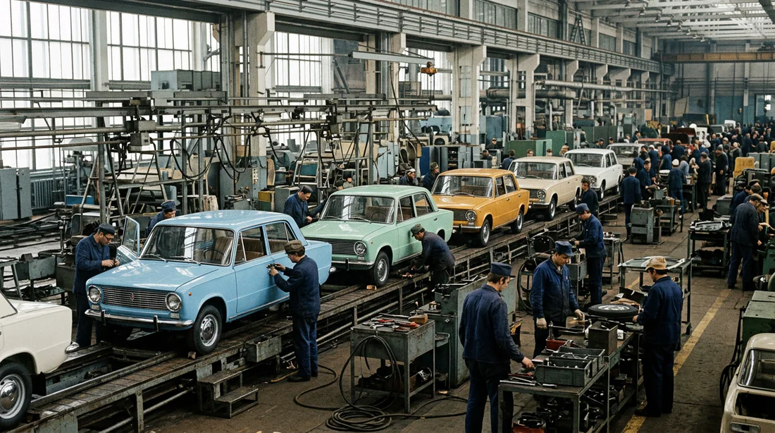 Chaîne d'assemblage historique des voitures Lada VAZ-2101 dans l'usine soviétique
