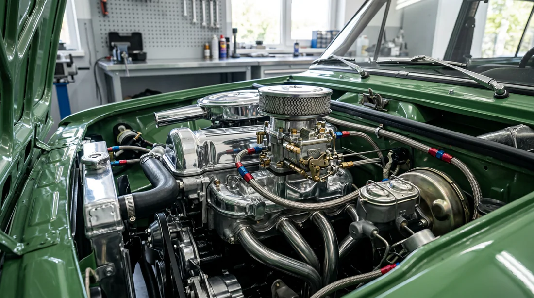 Moteur restauré et éléments mécaniques d'une Lada VAZ-2101 dans un atelier