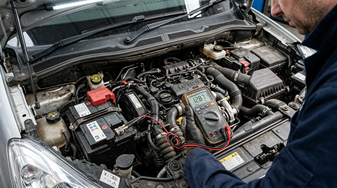 Test de la batterie 12V dans le compartiment moteur d'une Citroën Berlingo