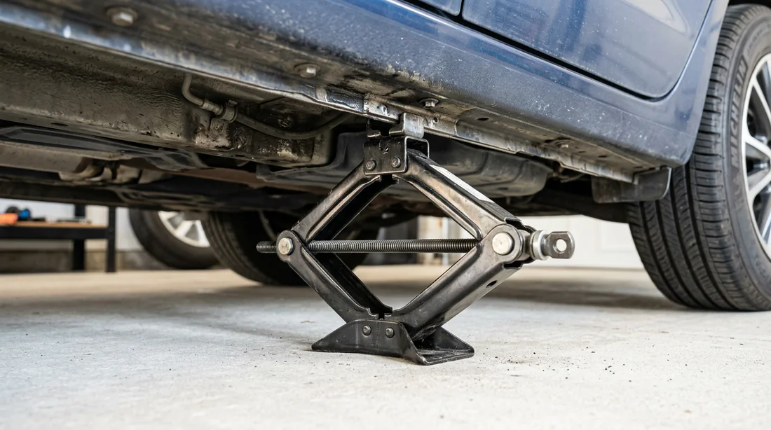 Cric losange mécanique positionné sous le point de levage d'une voiture