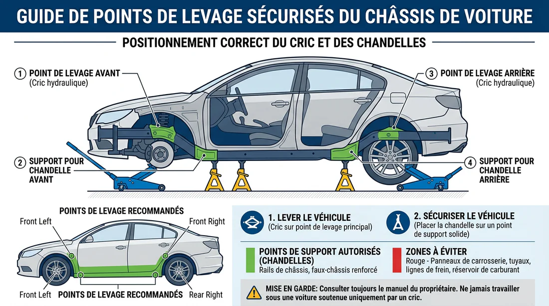 Schéma explicatif des points de levage recommandés sous un châssis automobile