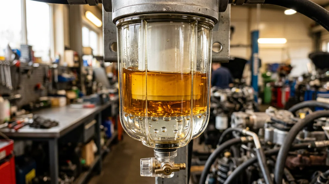 Séparation de l'eau et du gasoil dans la cuve transparente du filtre