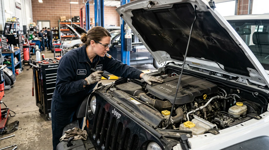 Mécanicien inspectant le cache moteur 2.8 CRD d'un véhicule Jeep.