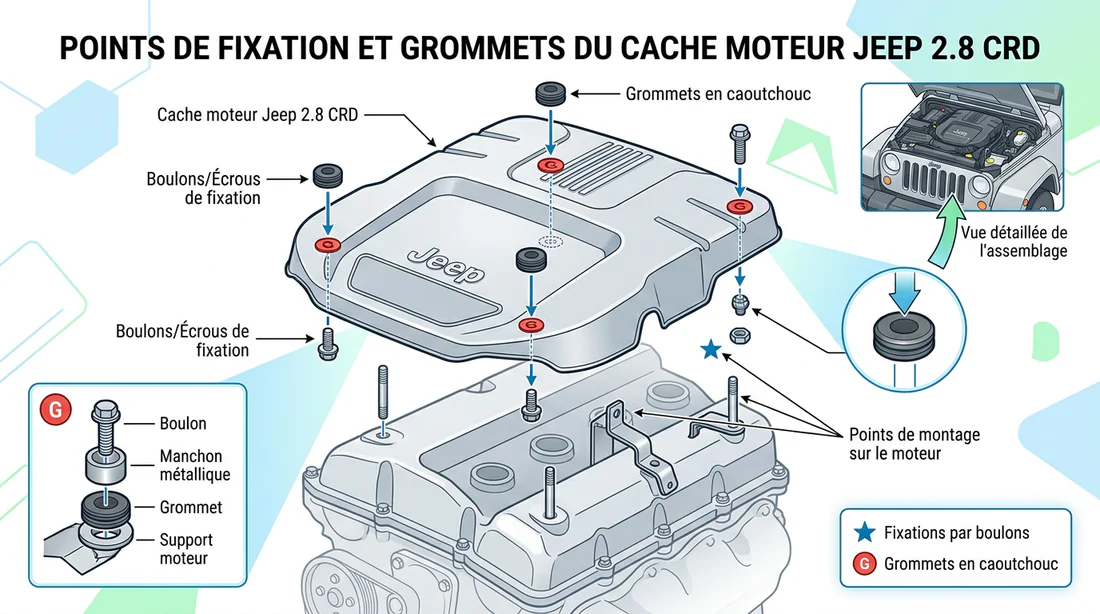 Schéma technique des points de fixation et silentblocs du cache moteur 2.8 CRD.