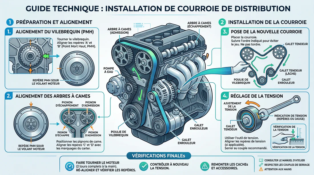 Schéma explicatif du calage et de l'installation de la courroie de distribution