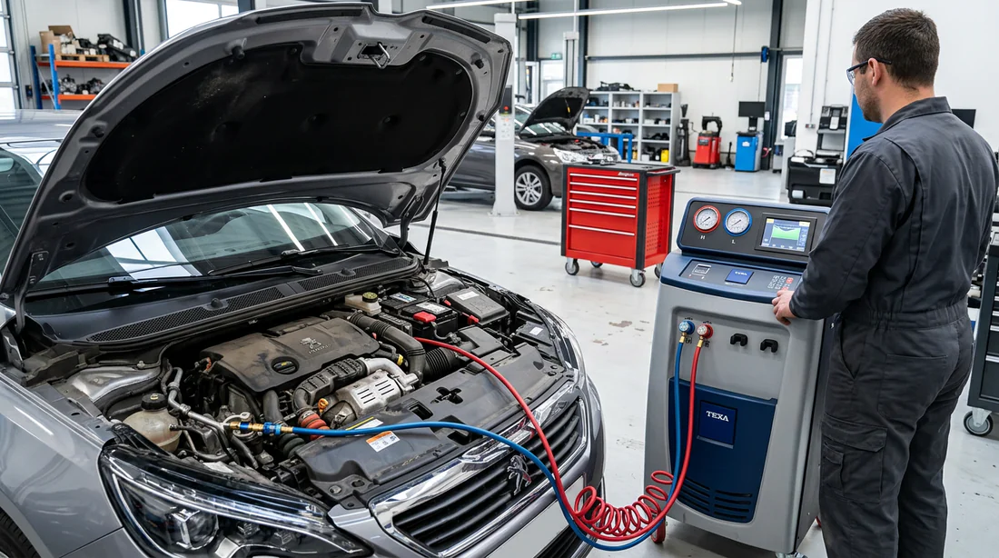 Station de recharge de fluide frigorigène raccordée à une Peugeot