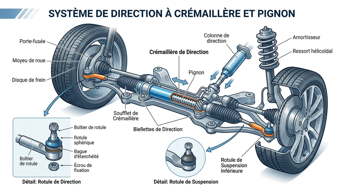 Schéma explicatif des éléments de la rotule et de la barre de direction d'un véhicule.