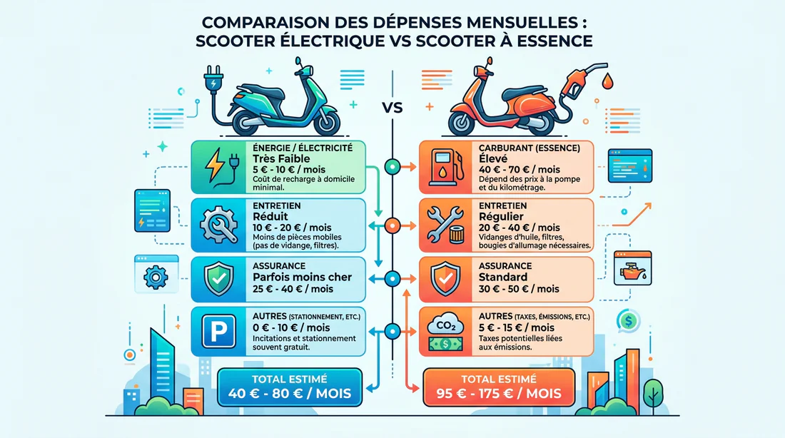 Infographie comparant le coût d'utilisation d'un scooter électrique et d'un scooter thermique.