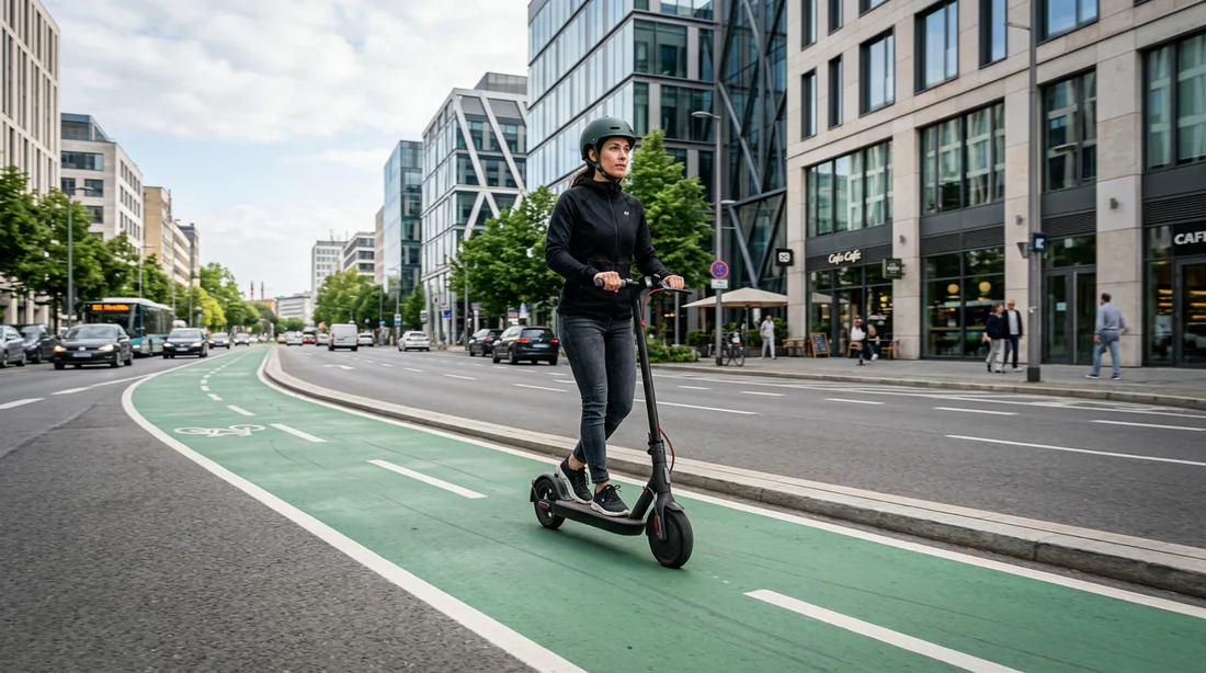 Scooter électrique en circulation dans une avenue urbaine moderne.