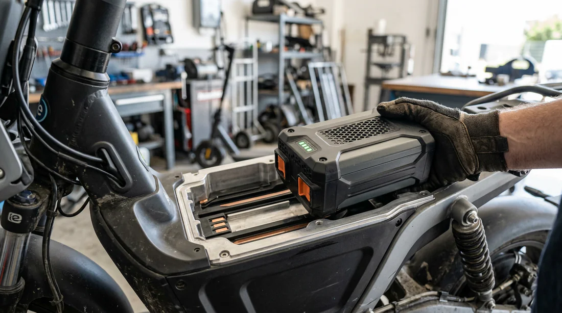 Installation d'une batterie amovible dans un scooter électrique.