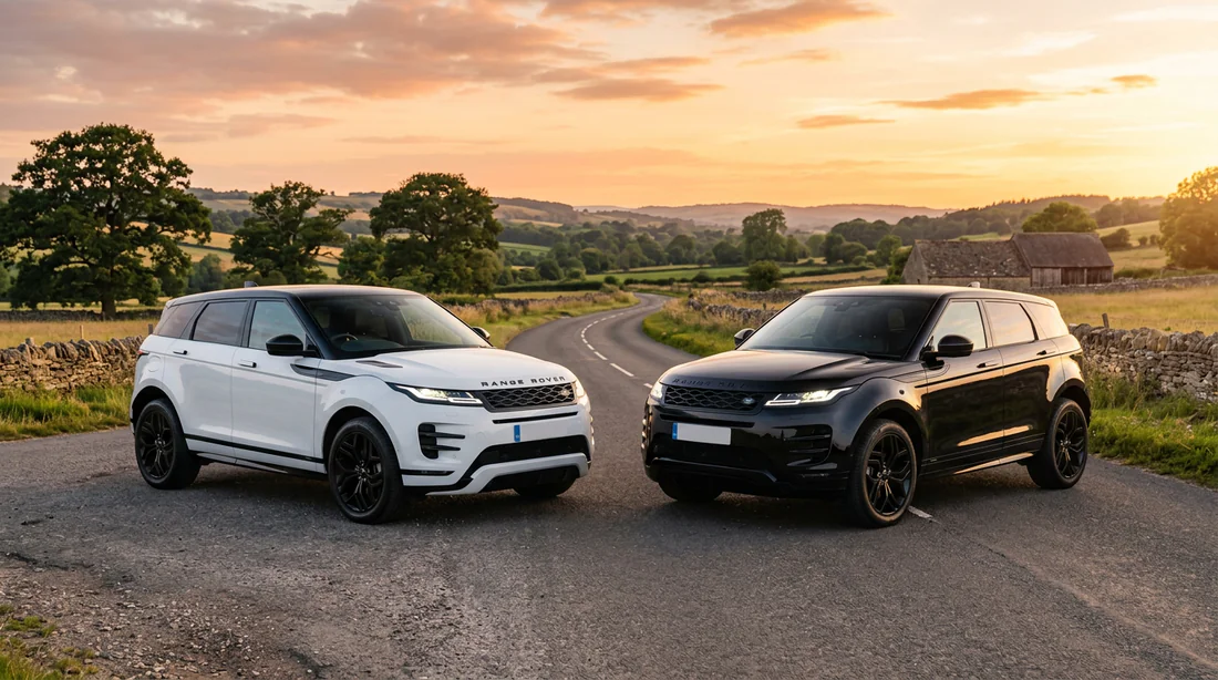 Deux Range Rover Evoque, un blanc et un noir, stationnés sur une route de campagne élégante.