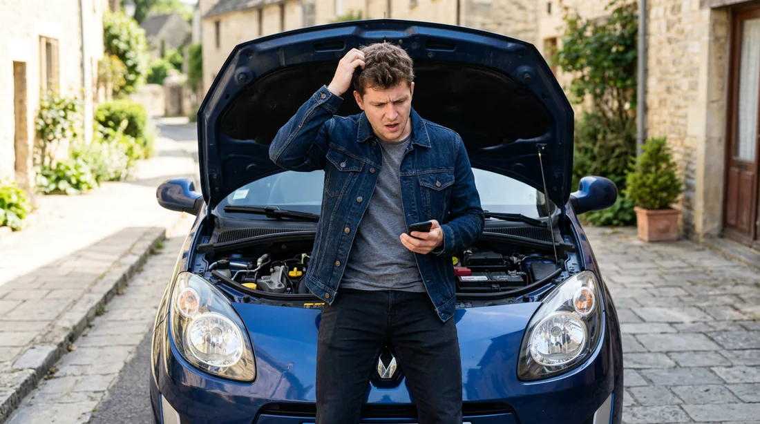 Conducteur perplexe devant le moteur ouvert d'une Renault Twingo 2