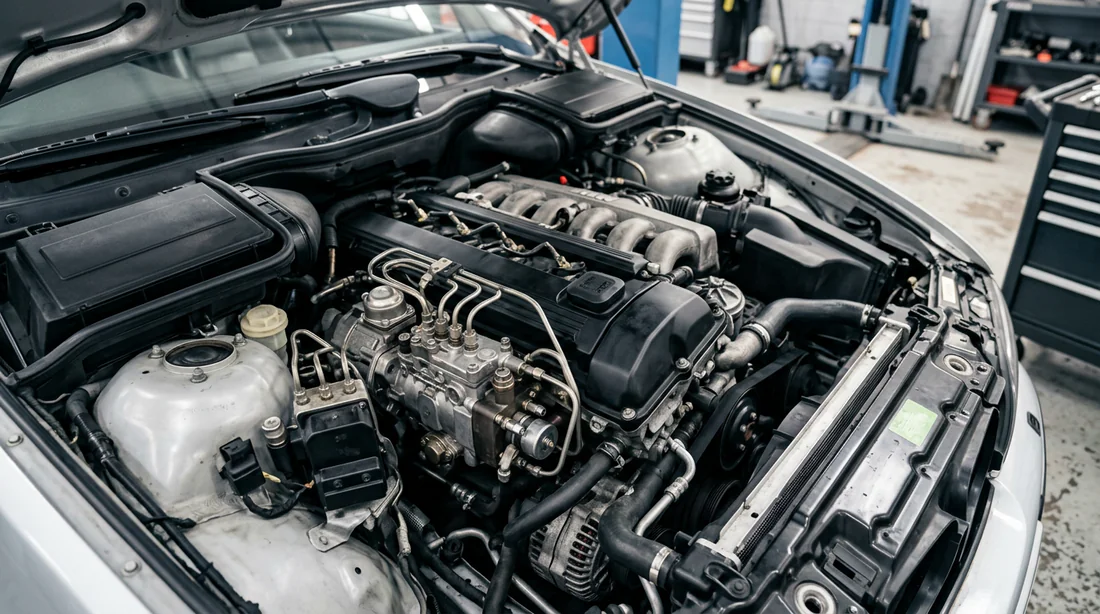 Compartiment moteur BMW E39 M51 avec focus sur la pompe à injection