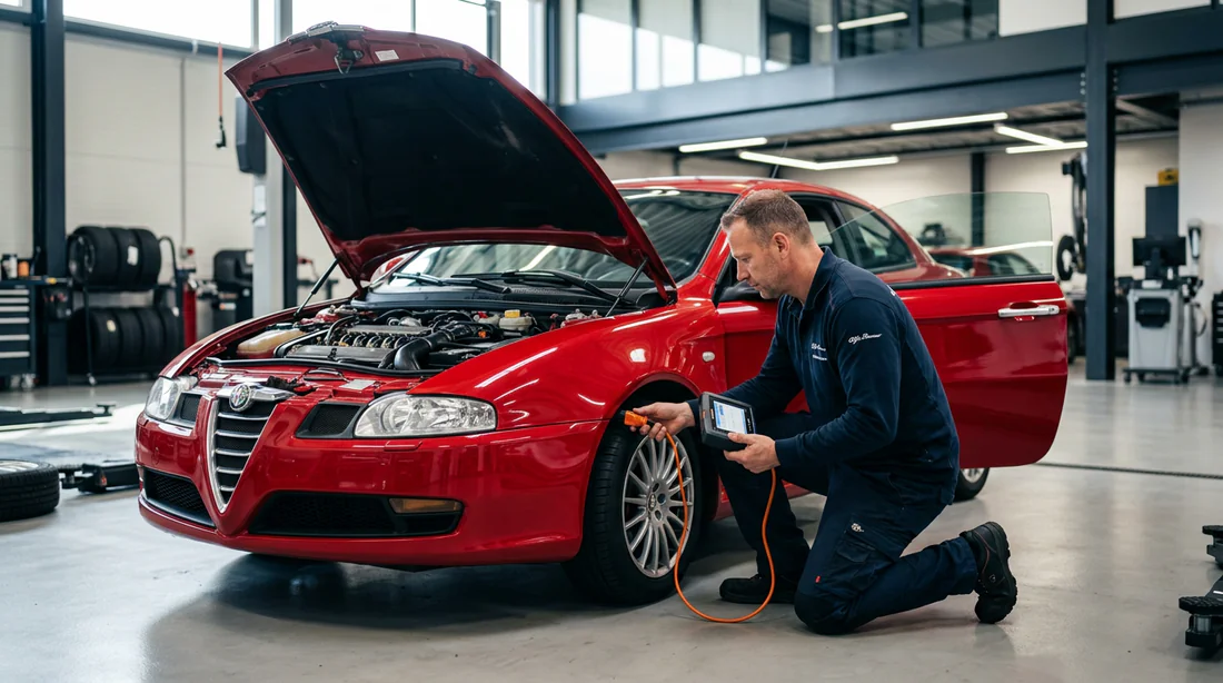 Mécanicien utilisant une valise de diagnostic sur une Alfa Romeo GT
