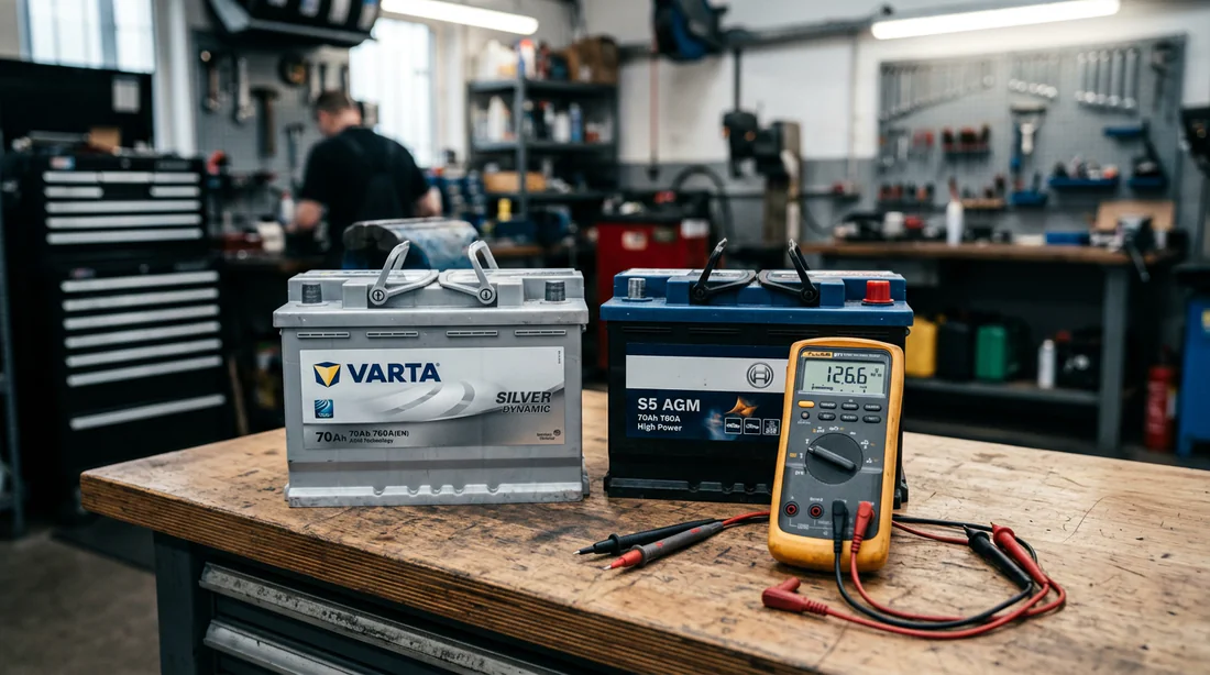 Deux batteries de voiture premium Bosch et Varta sur un établi avec un multimètre affichant 12,6V