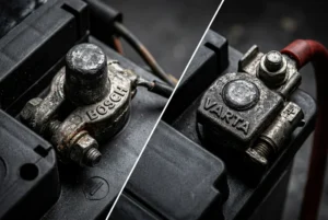 Comparaison macro des bornes de batteries Bosch et Varta