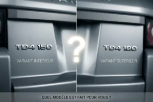 Infographie montrant la différence entre les badges TD4 150 et TD4 180 sur un Range Rover Evoque.