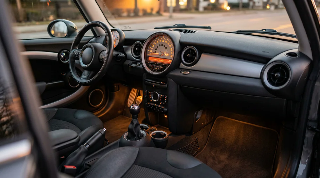 Vue de l'habitacle d'une Mini Cooper R56 montrant la zone du boîtier fusibles passager