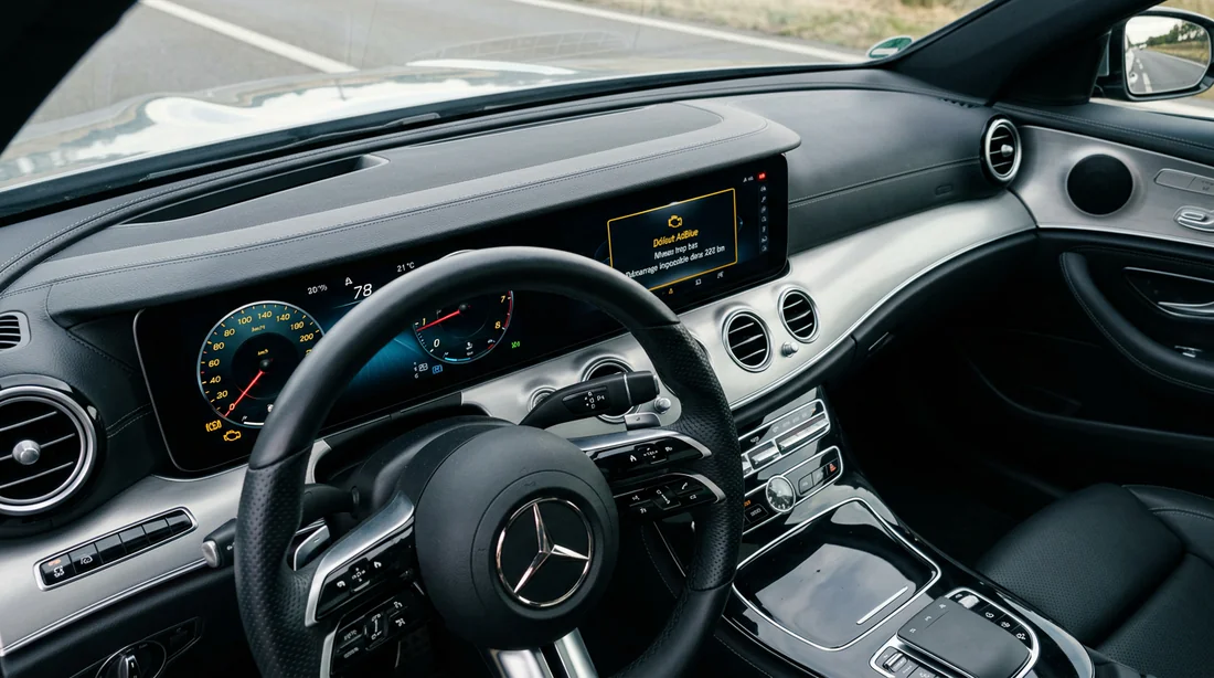 Tableau de bord Mercedes avec voyant moteur et message défaut AdBlue