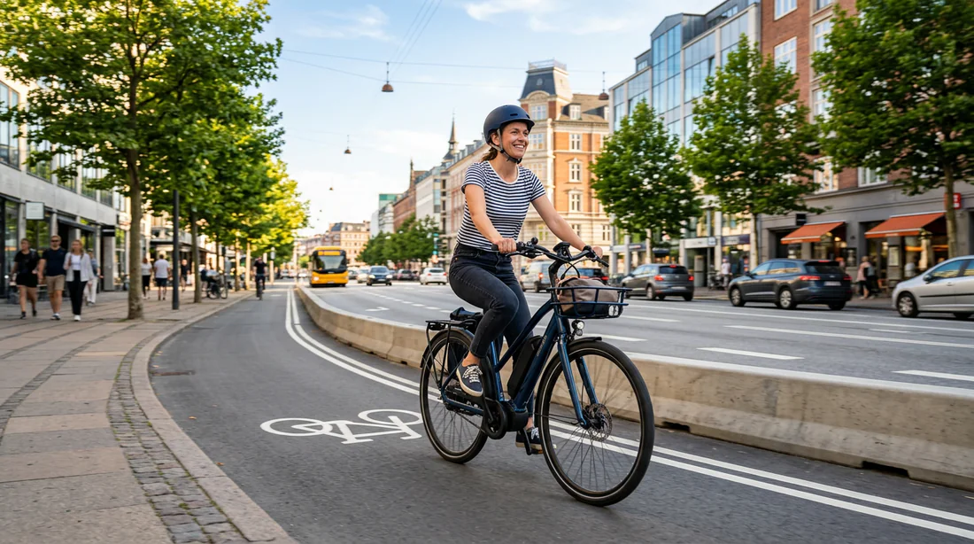 Cycliste roulant en ville sur un vélo électrique Intermarché
