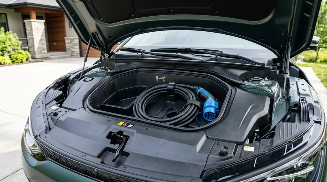 Frunk sous le capot avant de la Kia EV6 contenant le câble de recharge