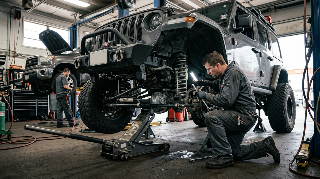 Inspection de la suspension et de la direction d'un Jeep Wrangler JL sur pont élévateur