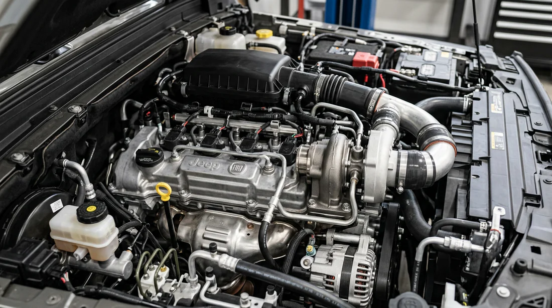 Vue détaillée de la baie moteur d'un Jeep Wrangler JL dans un atelier