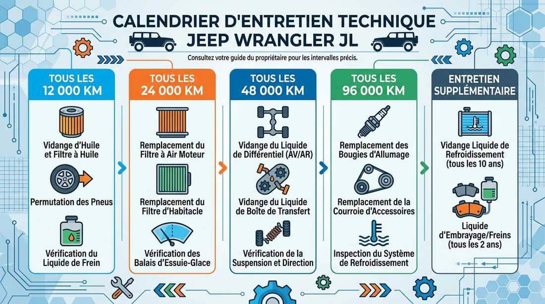 Schéma infographique du programme d'entretien annuel du Jeep Wrangler JL