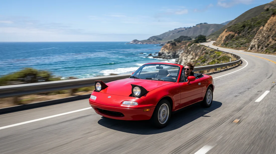 Mazda MX-5 NA en conduite dynamique sur route côtière