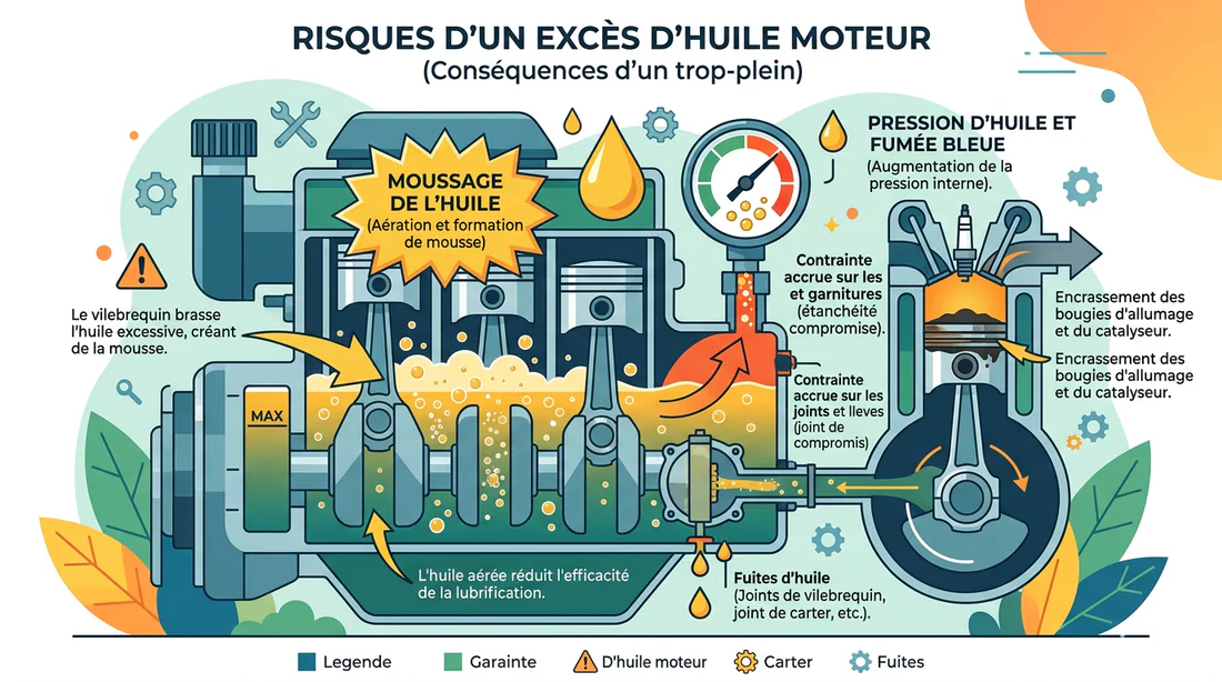 Infographie montrant les risques d'un trop-plein d'huile sur le moteur
