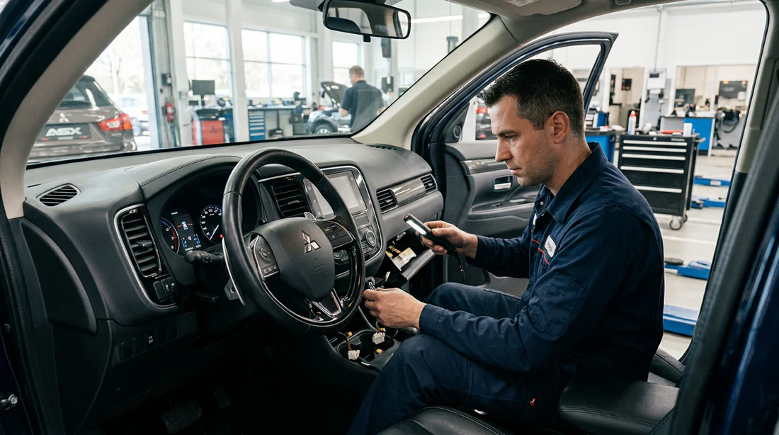 Mécanicien inspectant le tableau de bord d'une voiture Mitsubishi