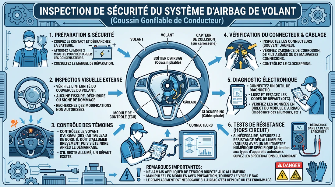 Schéma des étapes de contrôle de l'airbag Mitsubishi