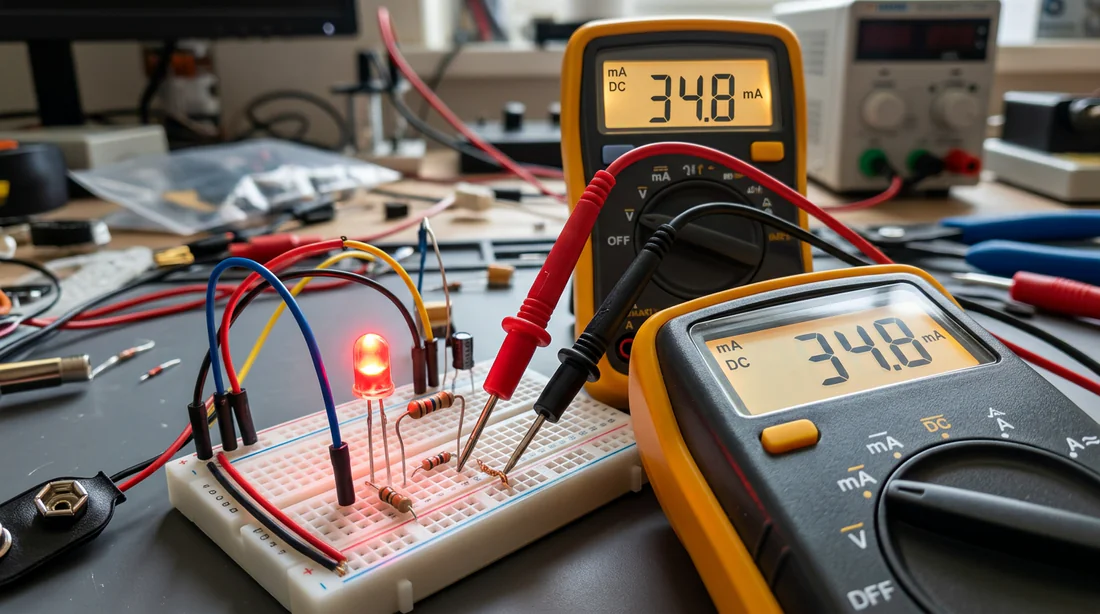 Montage en série d'un multimètre en mode ampèremètre dans un circuit électronique