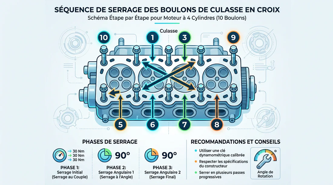 Infographie illustrant l'ordre et le schéma de serrage en croix des vis de culasse