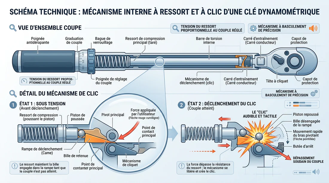 Schéma explicatif du fonctionnement interne d'une clé dynamométrique à déclenchement
