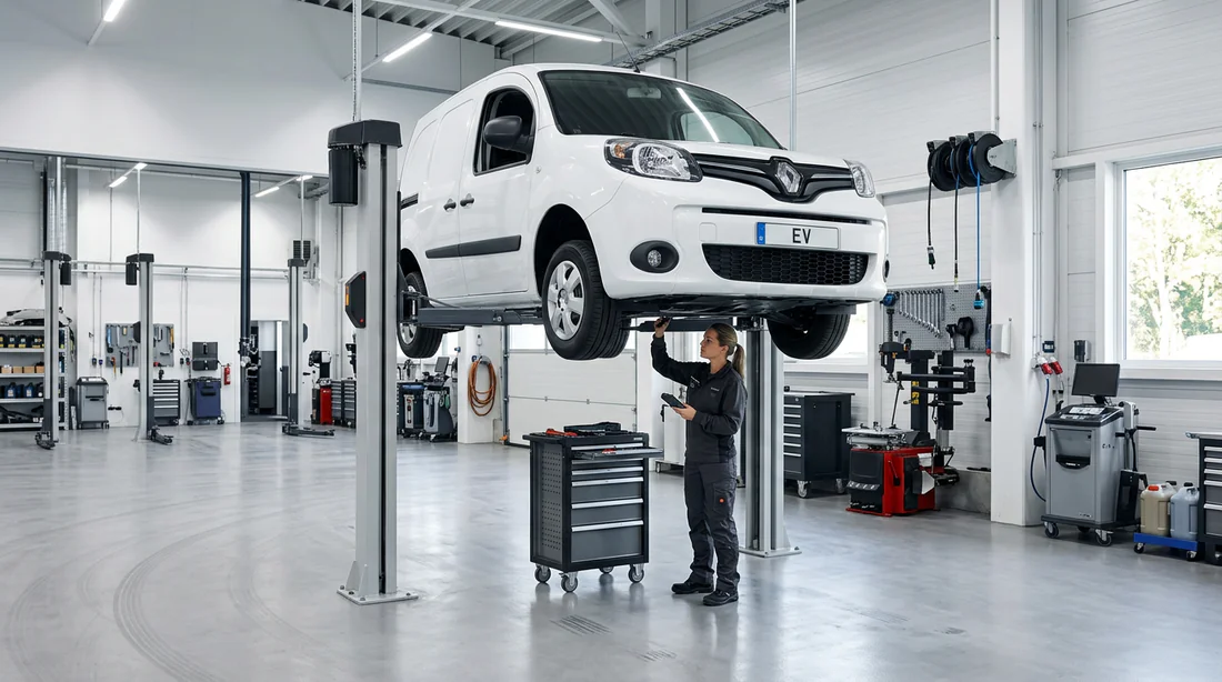 Inspecteur réalisant la maintenance d'un Renault Kangoo ZE dans un atelier