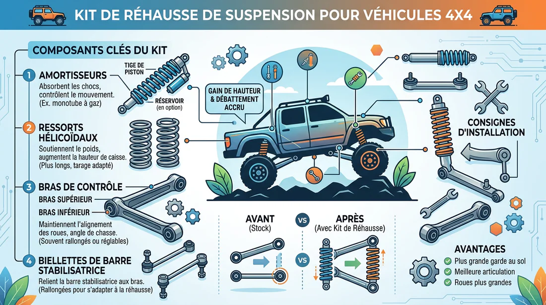 Infographie explicative des éléments d'un kit de suspension tout-terrain
