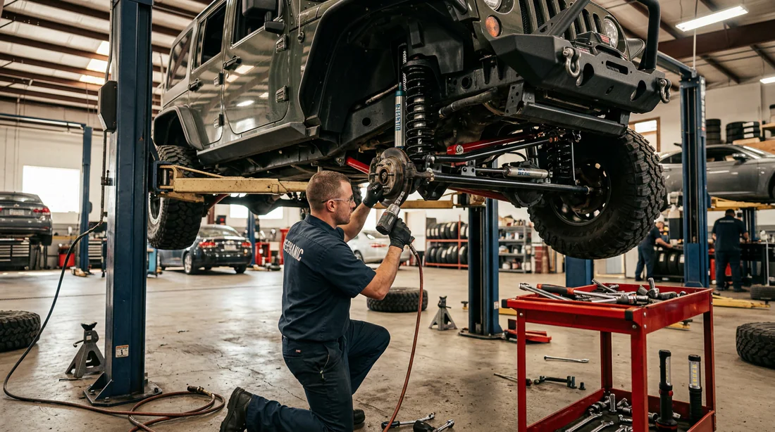 Installation d'un kit de réhausse sur une Jeep Wrangler par un mécanicien