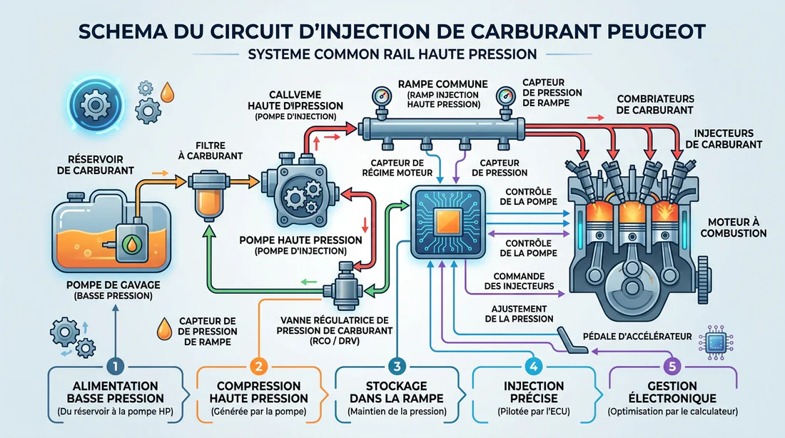 Schéma explicatif du circuit de régulation de pression de carburant Peugeot