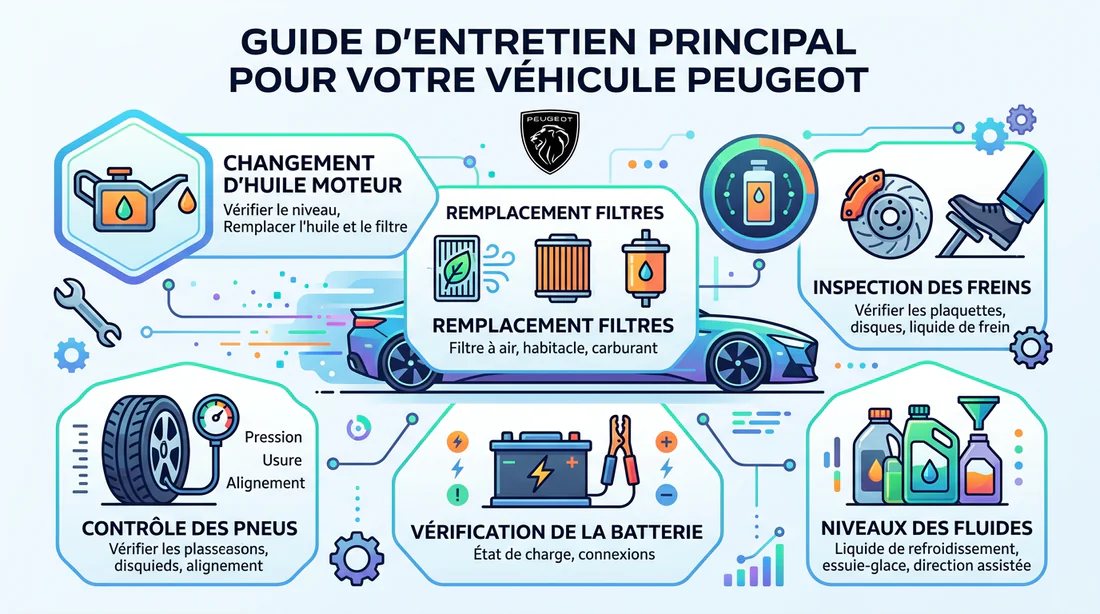 Infographie expliquant la signification du voyant d'entretien sur Peugeot