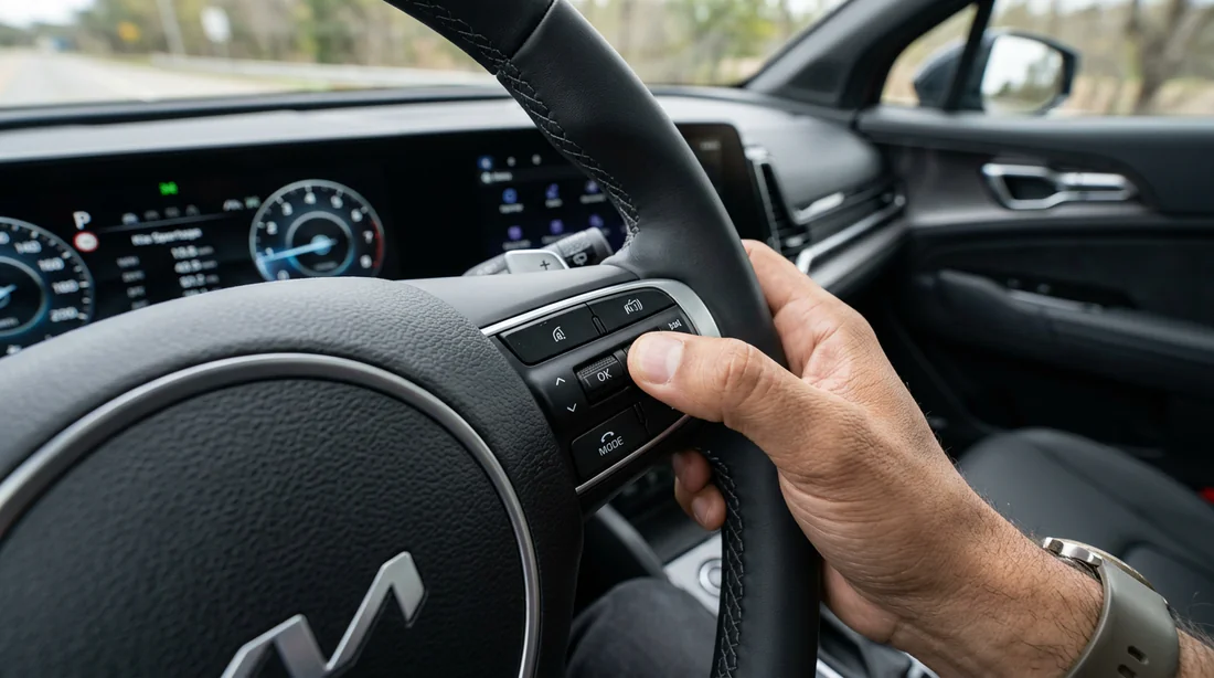 Main appuyant sur le bouton OK du volant de la Kia Sportage pour valider la réinitialisation