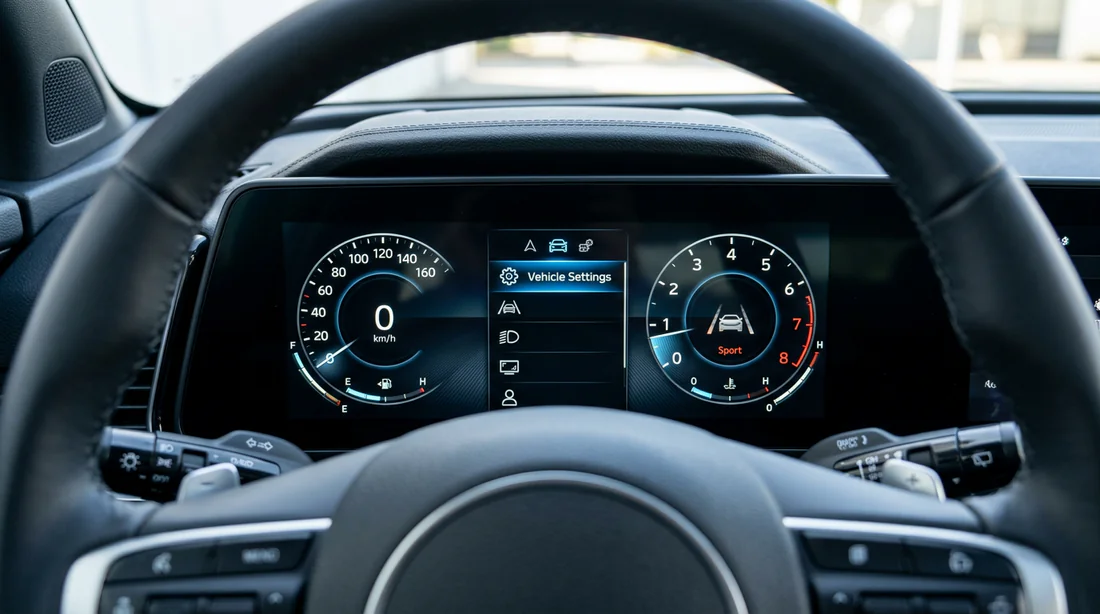 Écran du tableau de bord d'un Kia Sportage affichant le menu des réglages