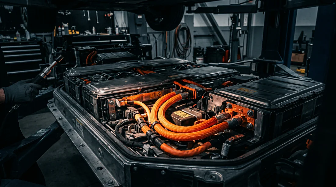 Vue détaillée du compartiment de batterie LMP d'une voiture électrique