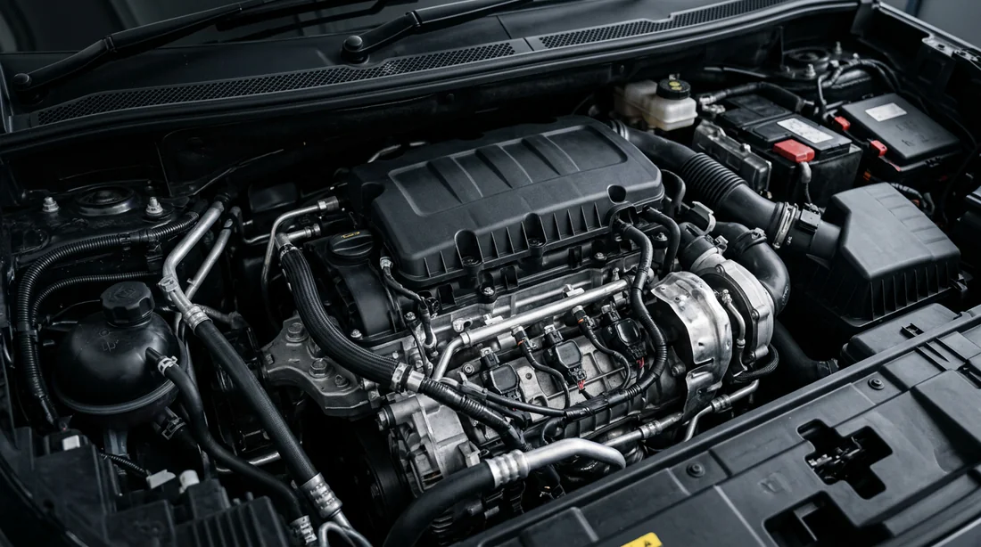 Vue rapprochée du moteur sous le capot d'une Peugeot
