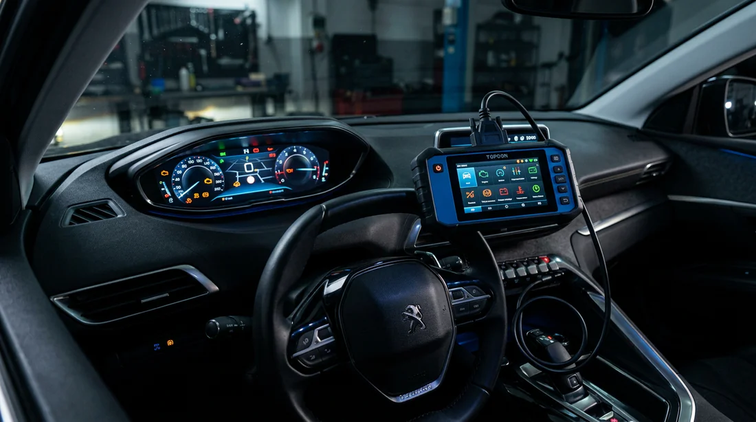 Valise de diagnostic électronique branchée sur une Peugeot