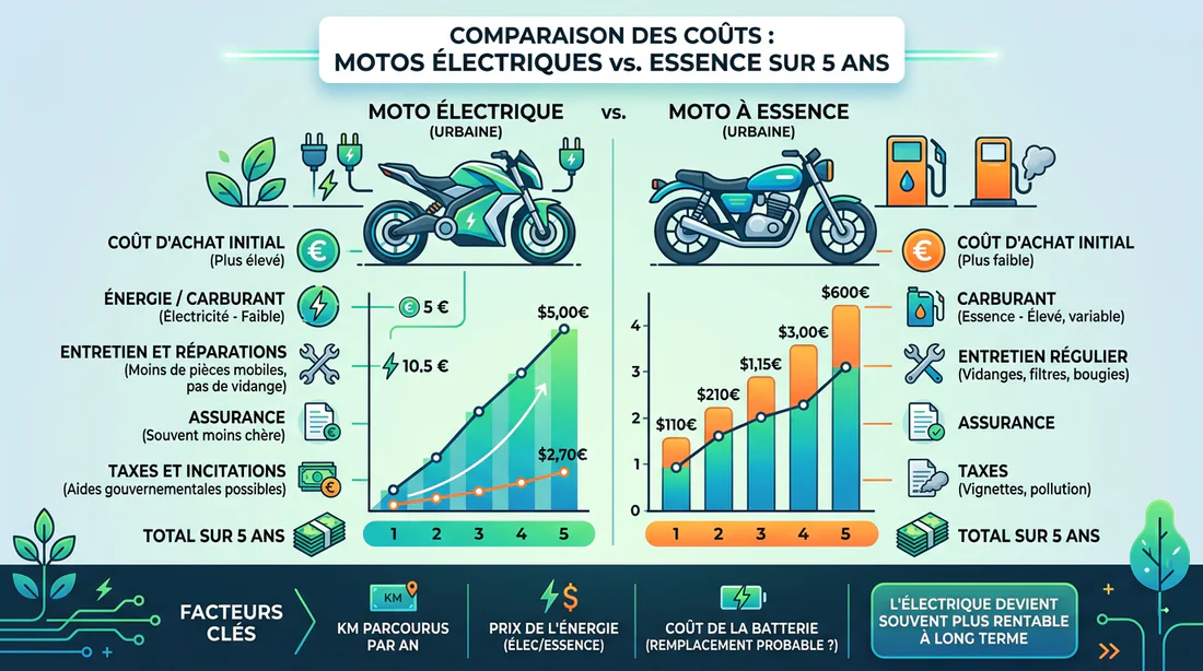 Infographie montrant le comparatif des coûts entre moto électrique et thermique