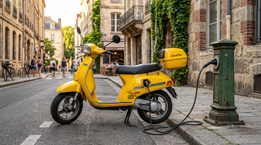 Recharge d'un scooter électrique Peugeot Scoot'Elec jaune sur une borne.