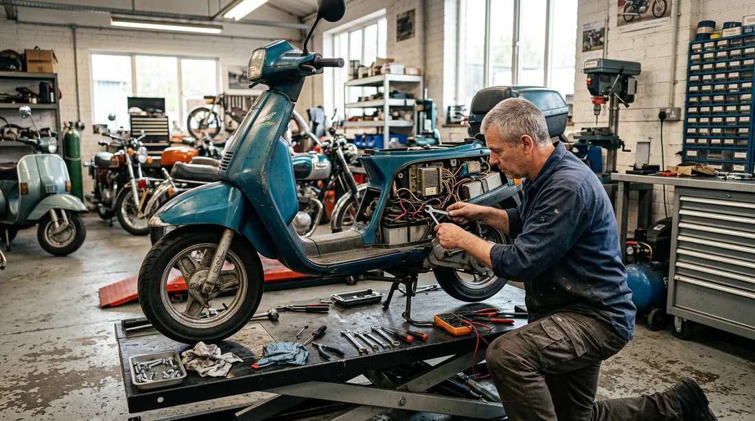 Restauration et entretien d'un Peugeot Scoot'Elec dans un atelier.
